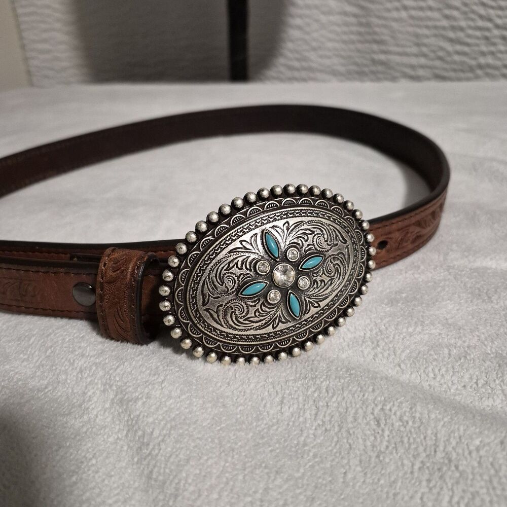 Ariat Women's Tooled Leather Western Belt with Turquoise Buckle